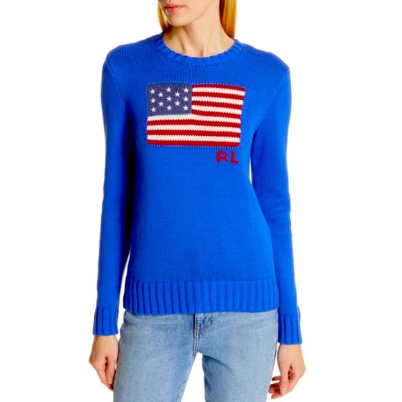 SOLD-🇺🇸RALPH LAUREN🇺🇸Cobalt Blue USA Patriotic Nautical Flag Sweater XL - Picture 1 of 8